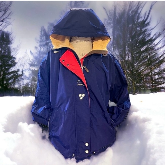Obermeyer Vintage Rosi Snow Jacket Shell Hooded Blue Gold and Red Women SZ10 - Picture 7 of 16